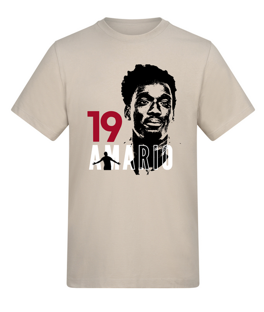 Beige t-shirt with graphic design of a person and text on a white background