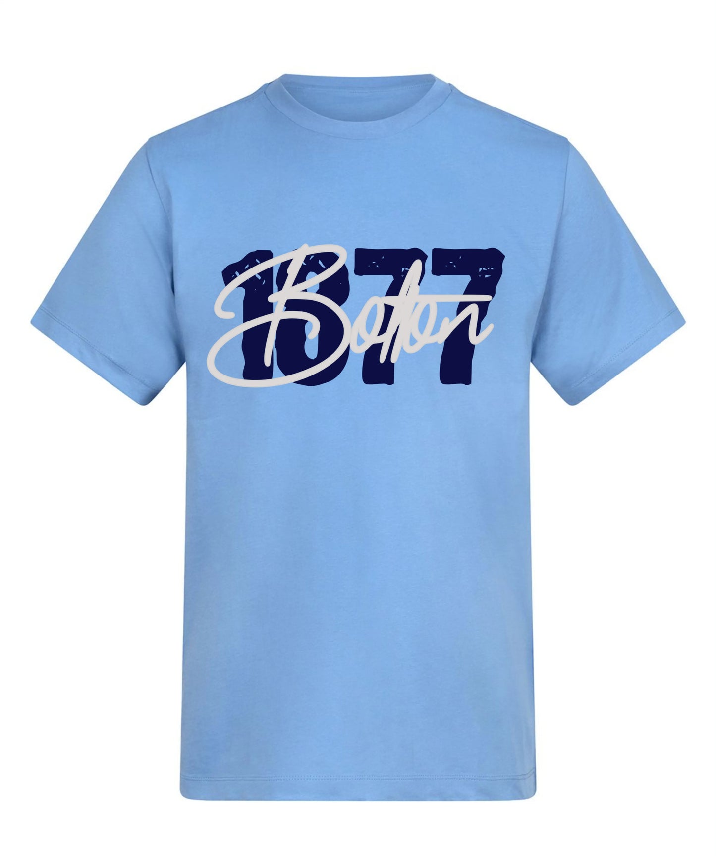 Light blue t-shirt with '1877 Belfor' printed on a white background