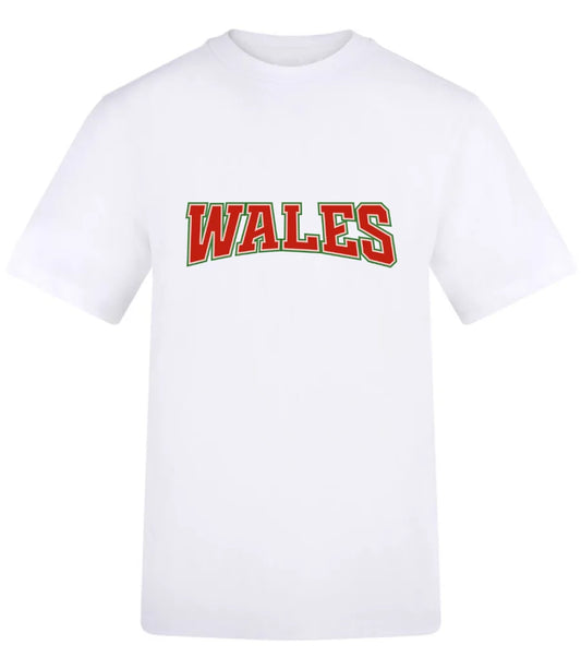 White t-shirt with 'WALES' printed in red and green on a white background