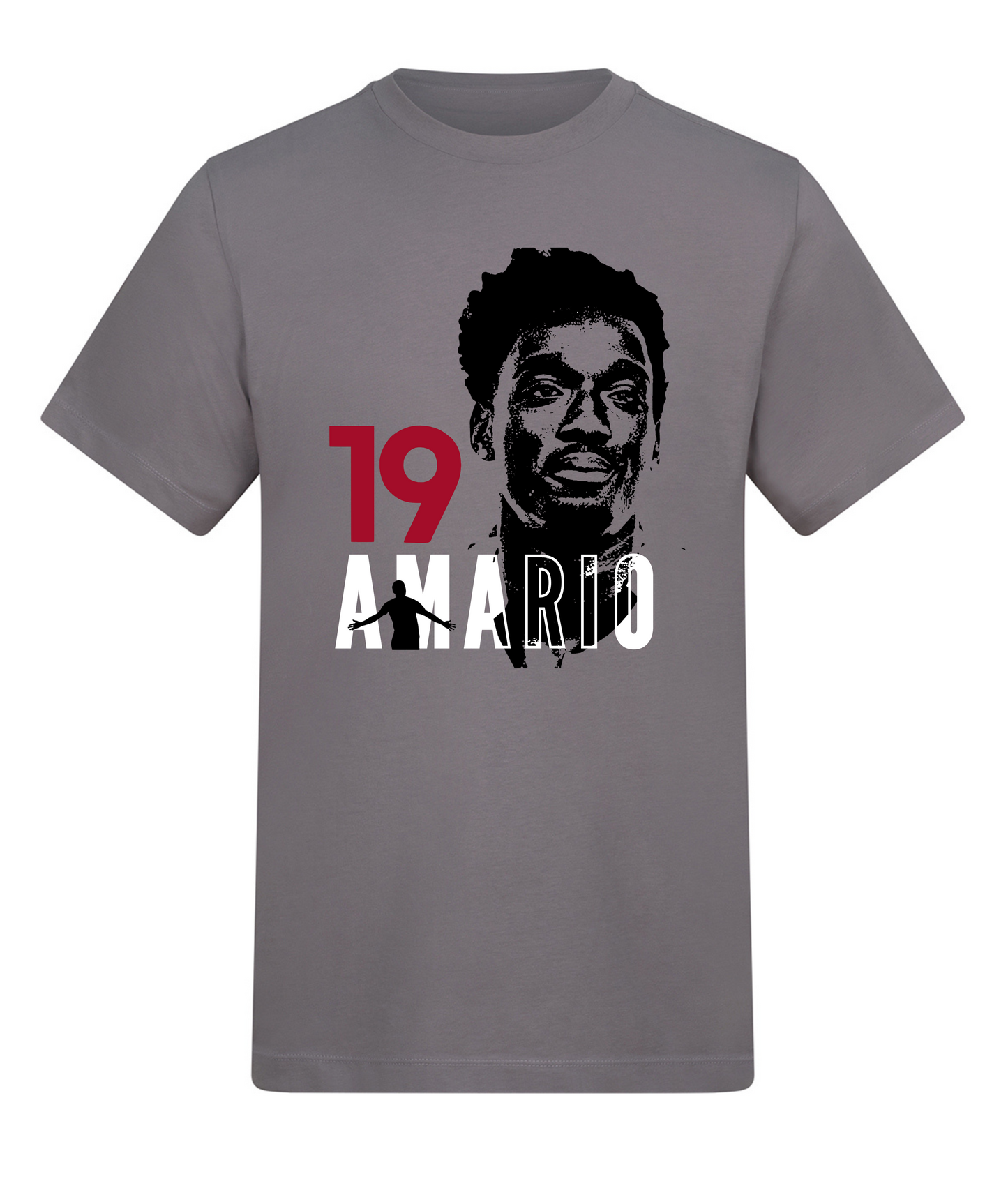 Gray t-shirt with a graphic of a person and text on a white background