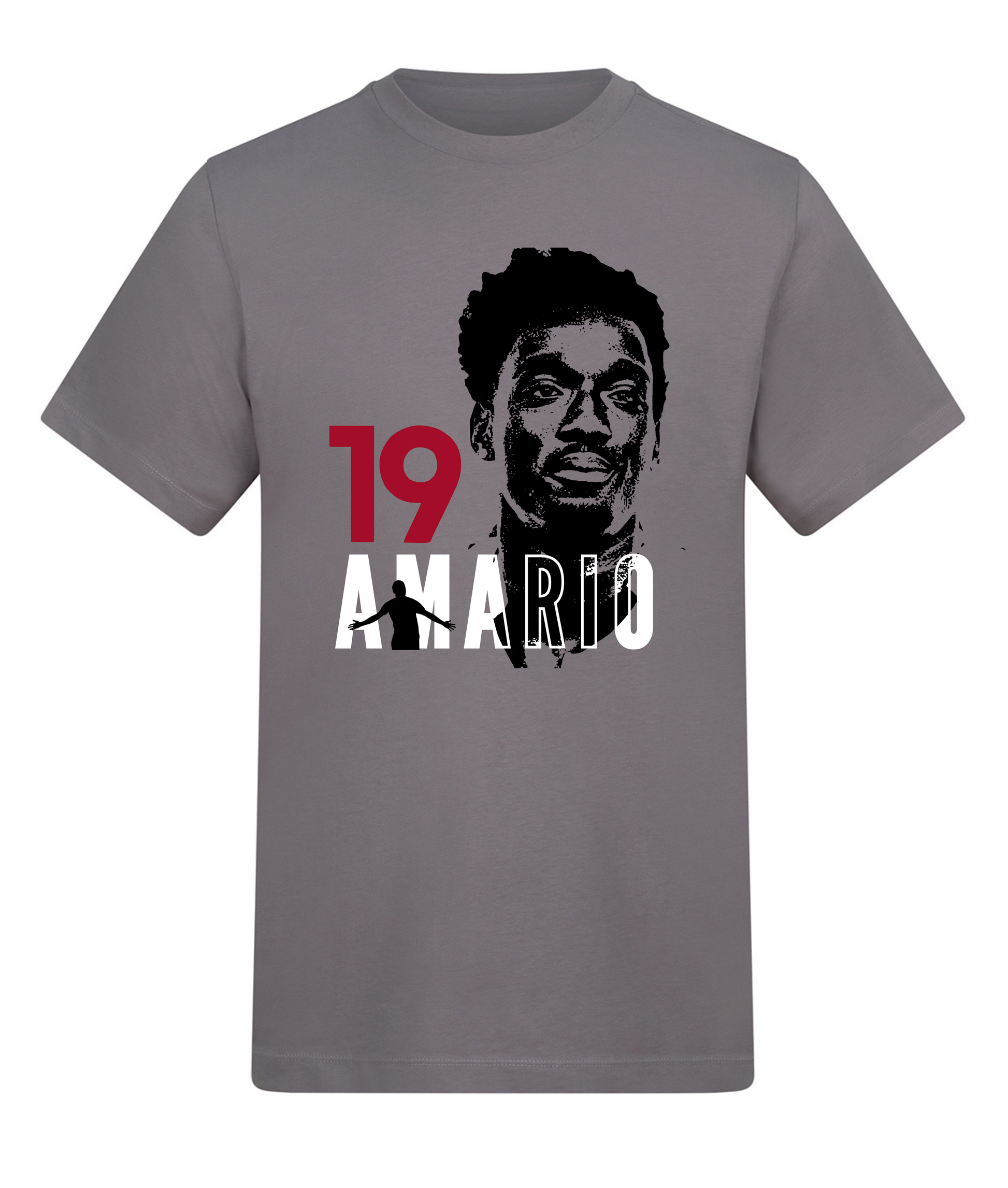 Gray t-shirt with a graphic of a person and text on a white background