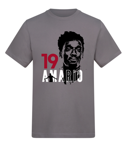 Gray t-shirt with a graphic of a person and text on a white background