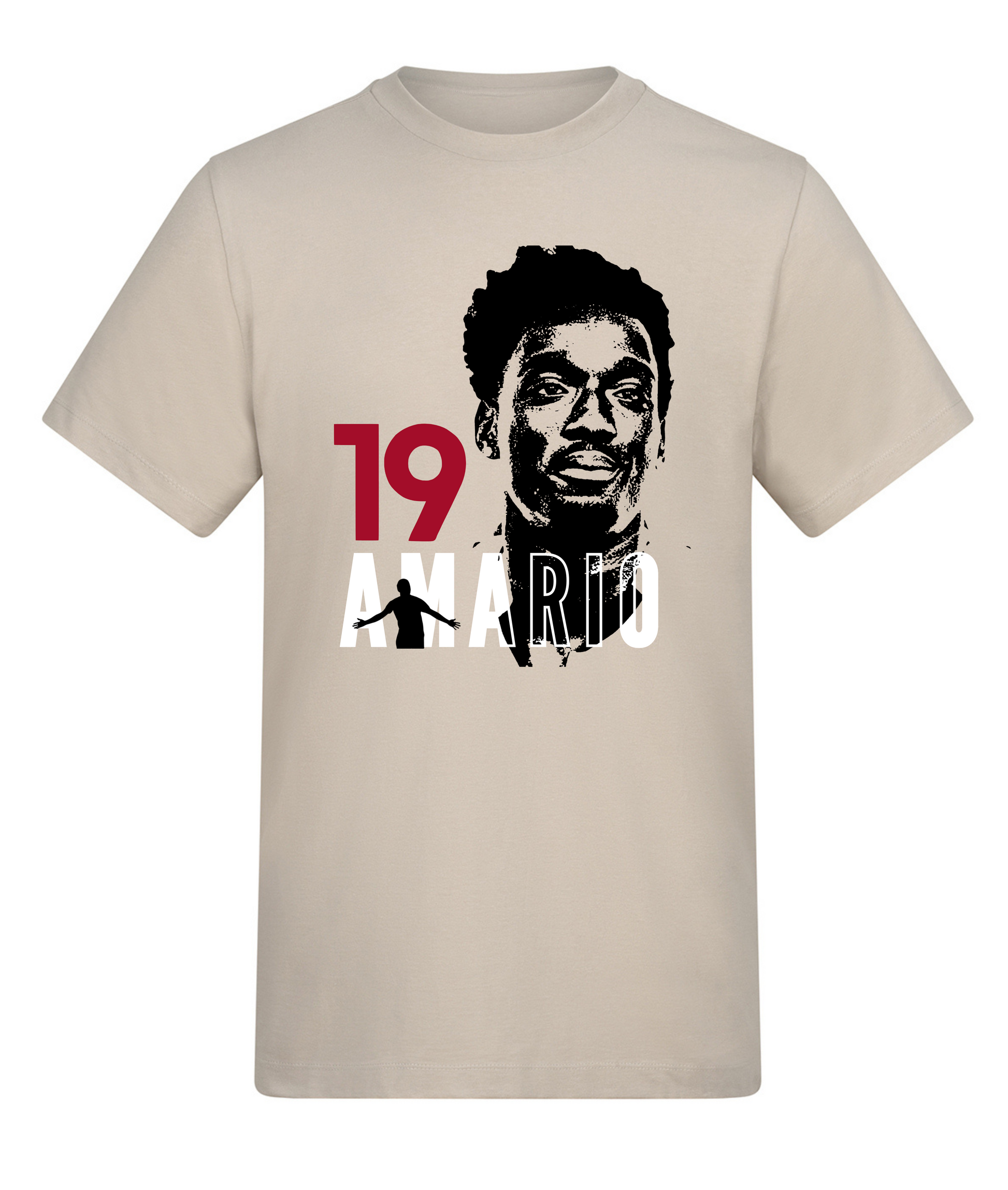 Beige t-shirt with graphic design of a person and text on a white background