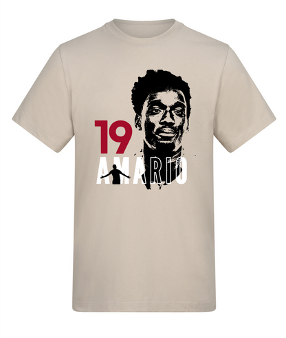 Beige t-shirt with graphic design of a person and text on a white background