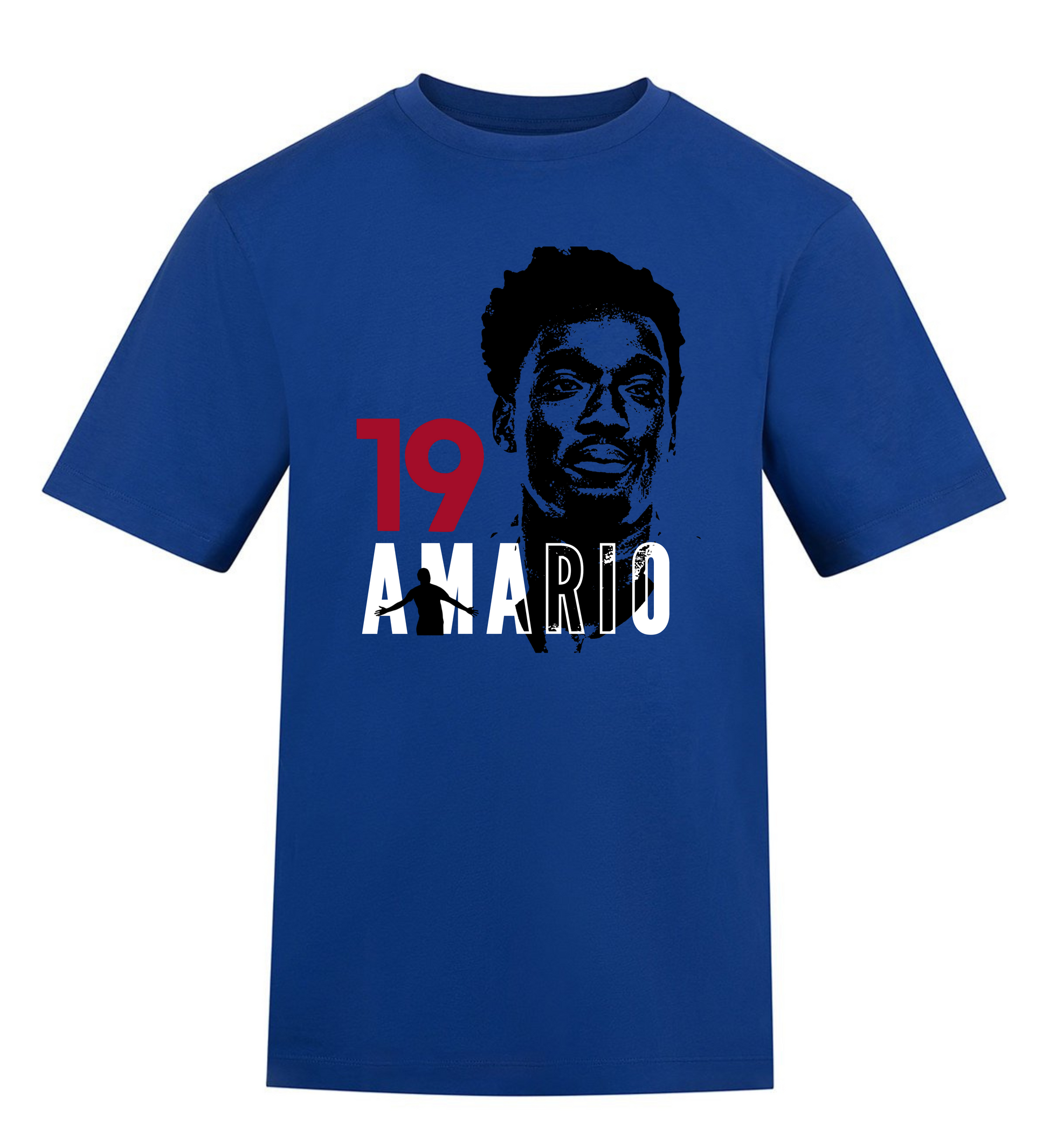 Blue t-shirt with graphic design featuring a silhouette and text on a white background