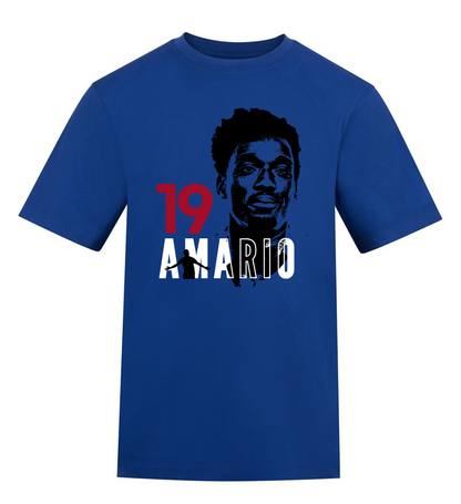 Blue t-shirt with graphic design featuring a silhouette and text on a white background