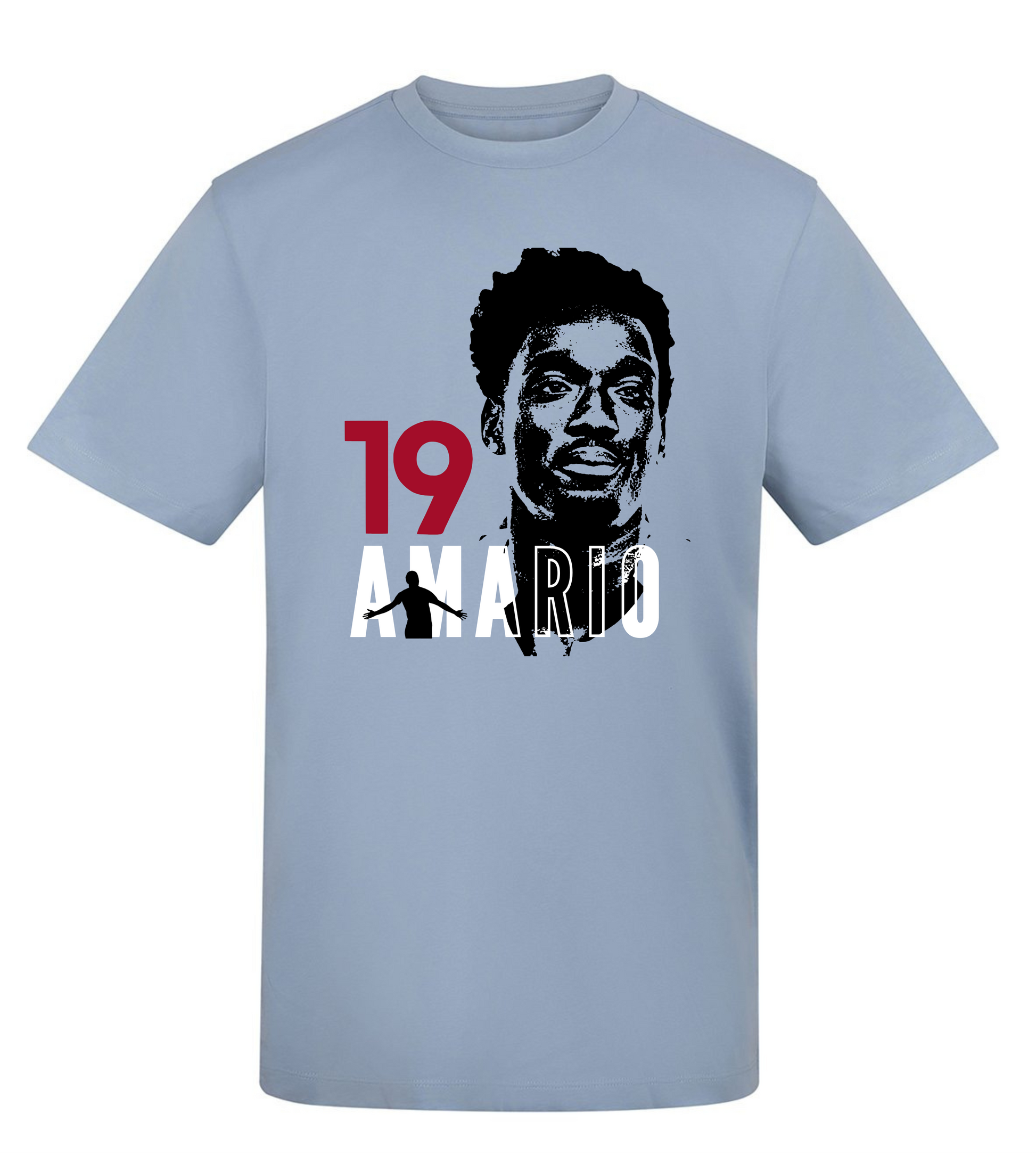 Light blue t-shirt with graphic design featuring a silhouette and text on a white background