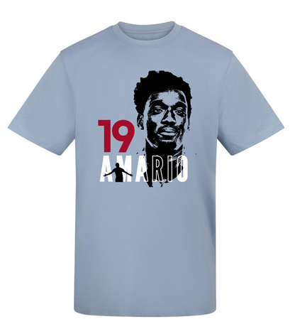 Light blue t-shirt with graphic design featuring a silhouette and text on a white background