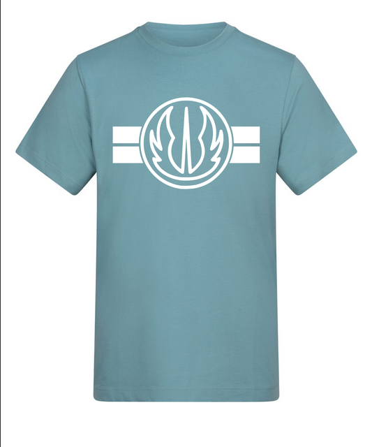 Blue t-shirt with a white logo on a white background