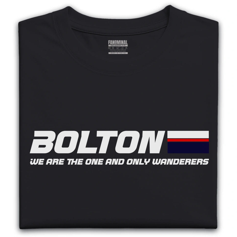 Black t-shirt with 'Bolton We Are The One And Only Wanderers' text and logo on a white background