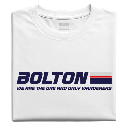 White t-shirt with 'Bolton' text and logo on a white background