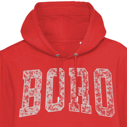 Red hoodie with 'BOHO' text on a white background