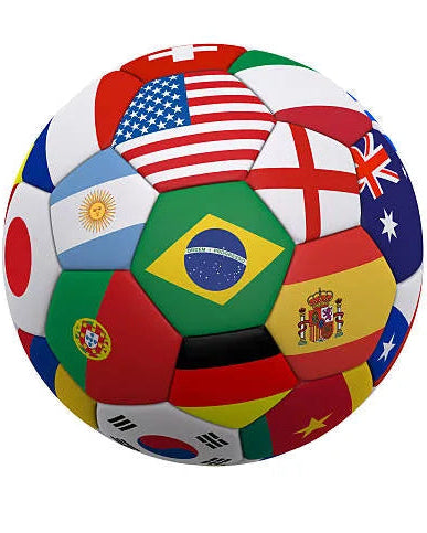 Soccer ball with various country flags on a white background