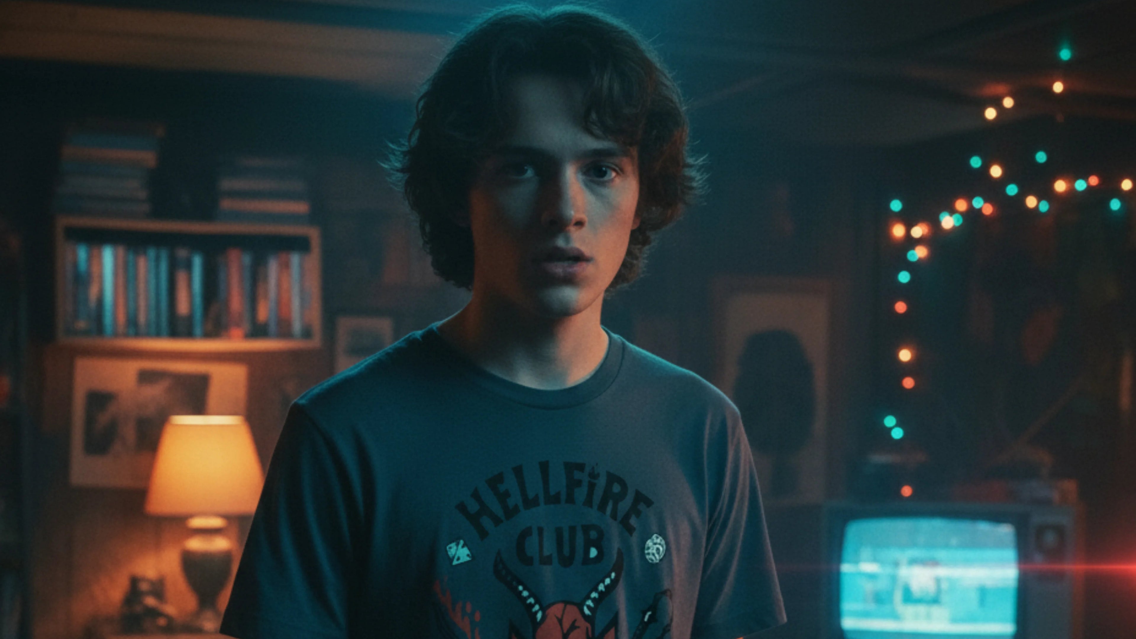 Person wearing a 'Hellfire Club' t-shirt in a dimly lit room with books and a TV.