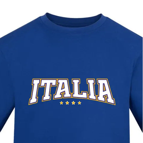 Blue t-shirt with 'ITALIA' printed on it against a white background