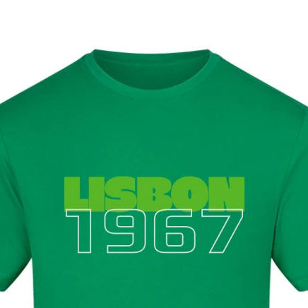 Green t-shirt with 'Lisbon 1967' text on a white background