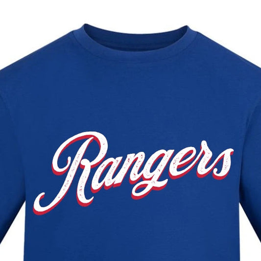 Blue t-shirt with 'Rangers' text on a white background
