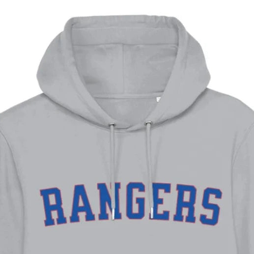 Gray hoodie with 'RANGERS' text in blue on a white background
