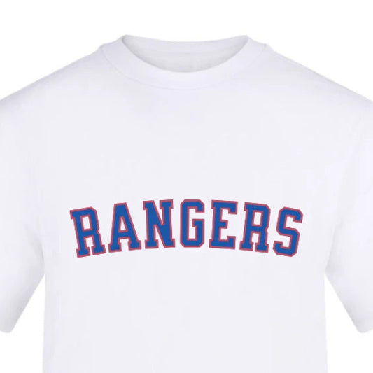 White t-shirt with 'RANGERS' text on a white background