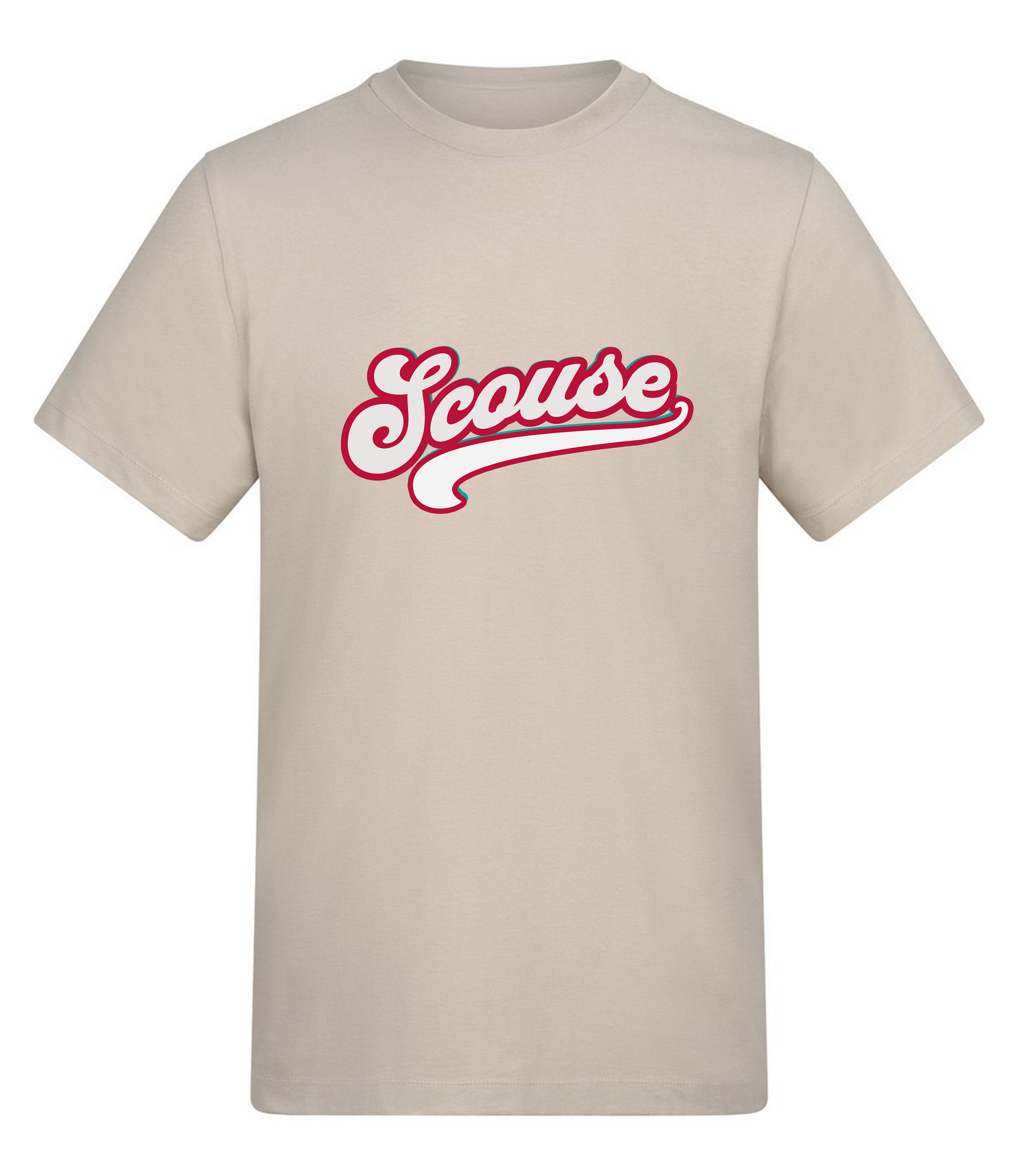 Beige t-shirt with 'Scouse' printed in red on a white background