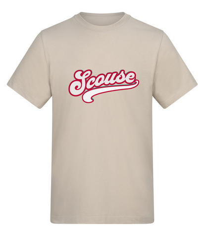 Beige t-shirt with 'Scouse' printed in red on a white background