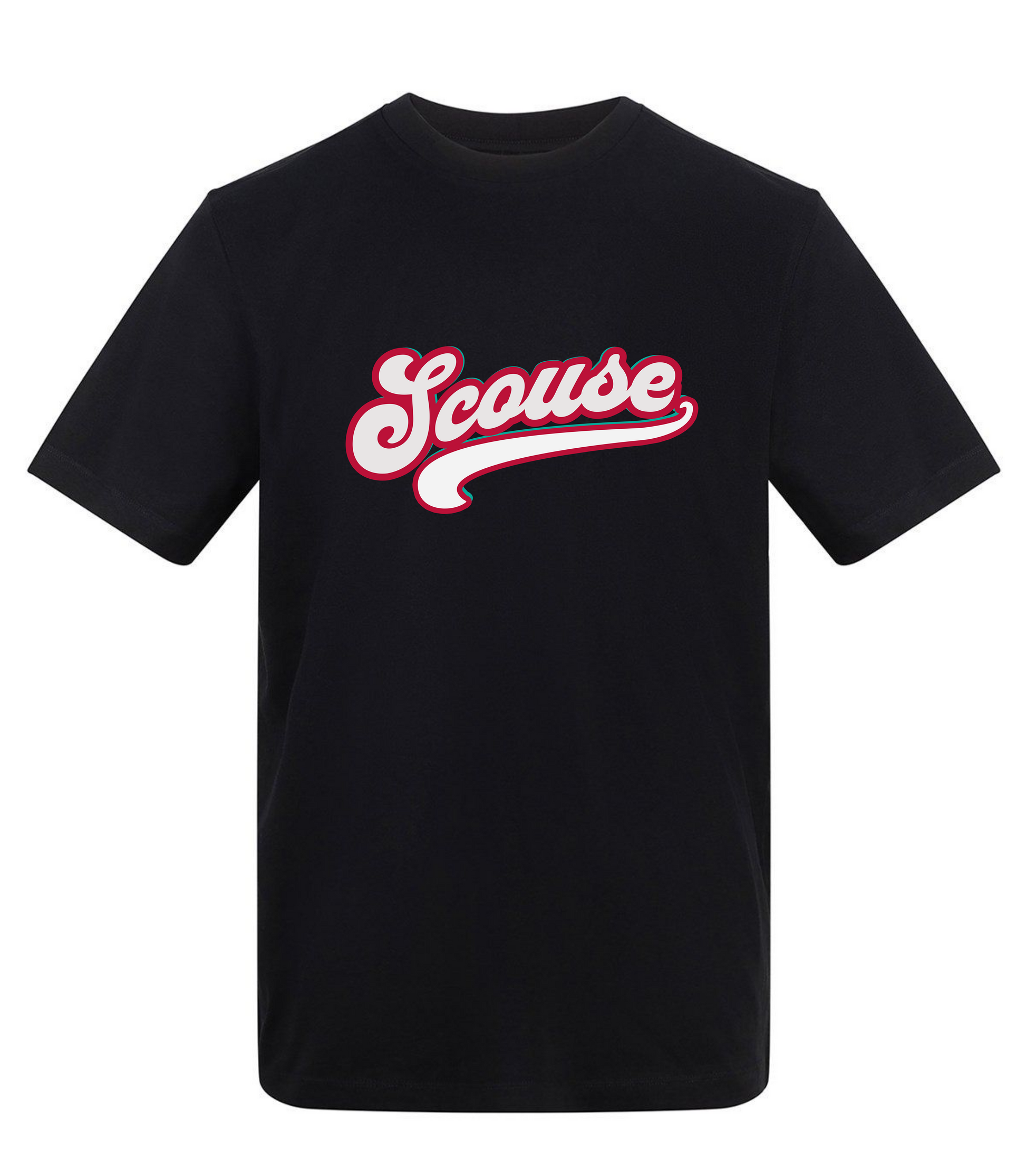 Black t-shirt with 'Scouse' printed in red on a white background