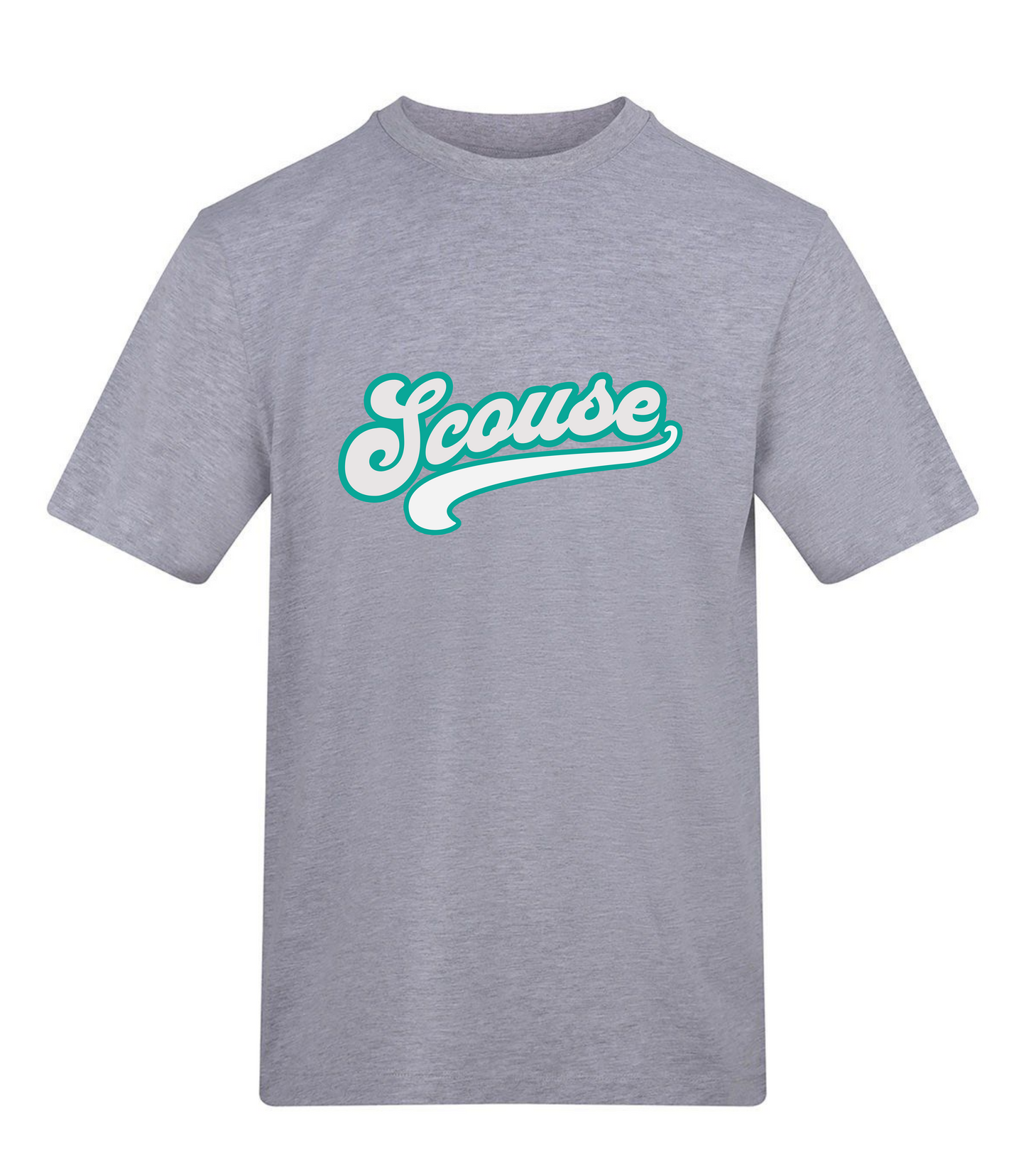 Gray t-shirt with 'Scouse' printed in teal on a white background