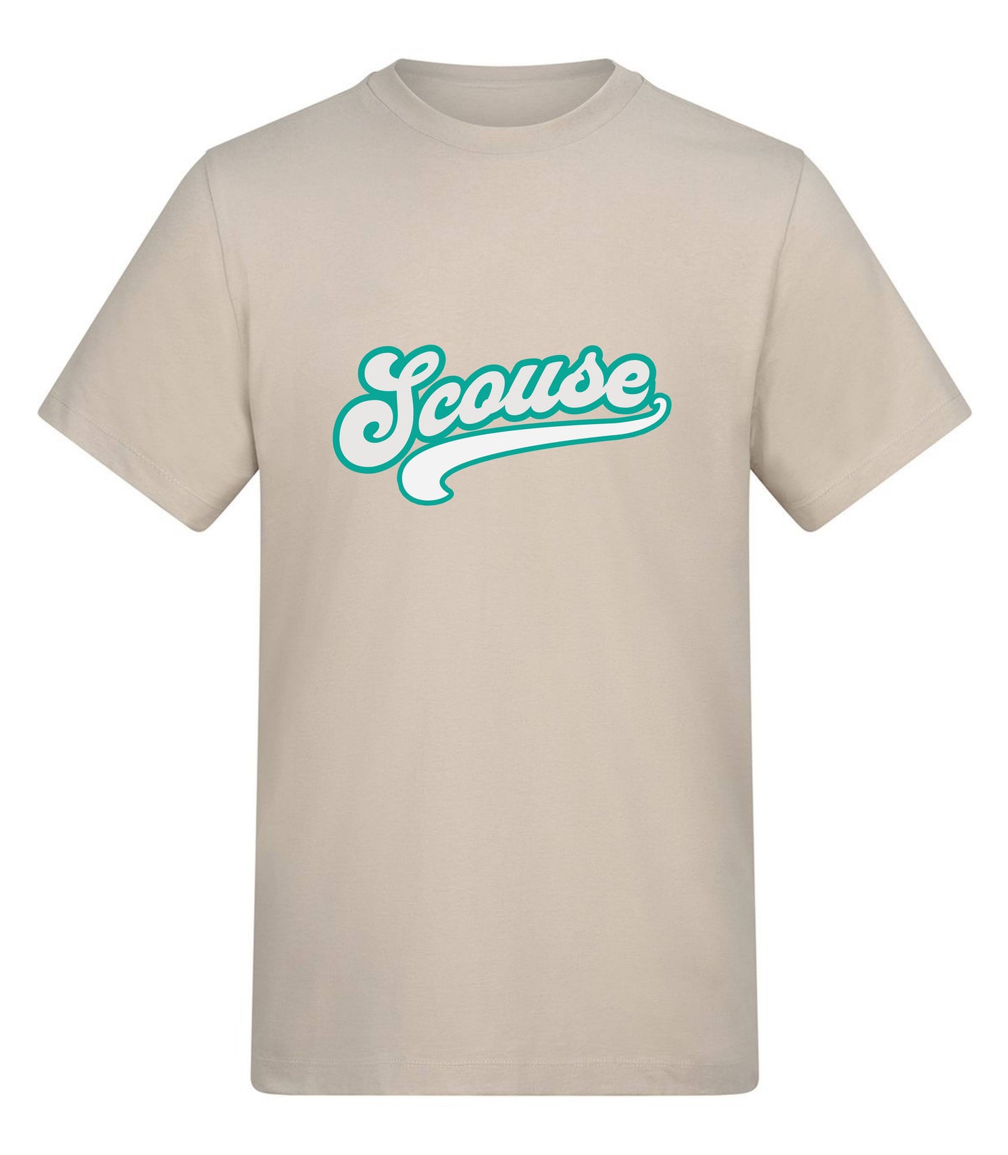 Beige t-shirt with 'Scouse' printed in teal on a white background