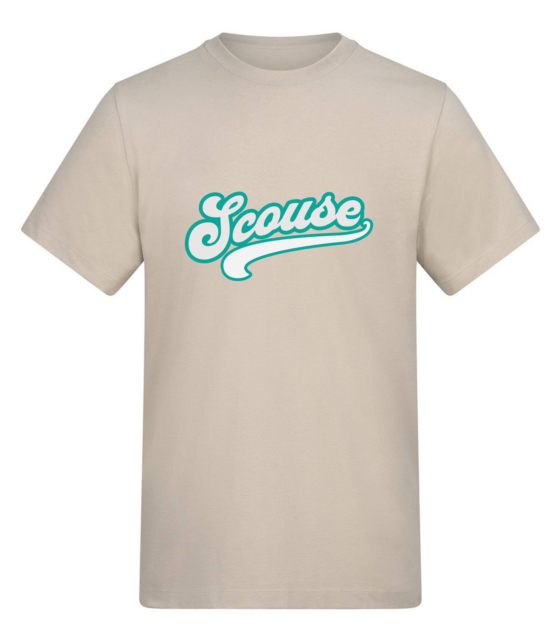 Beige t-shirt with 'Scouse' printed in teal on a white background