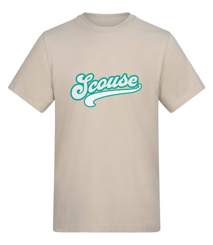 Beige t-shirt with 'Scouse' printed in teal on a white background