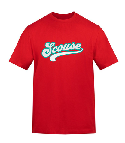 Red t-shirt with 'Scouse' text on a white background
