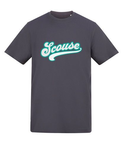 Gray t-shirt with 'Scouse' printed in teal on a white background