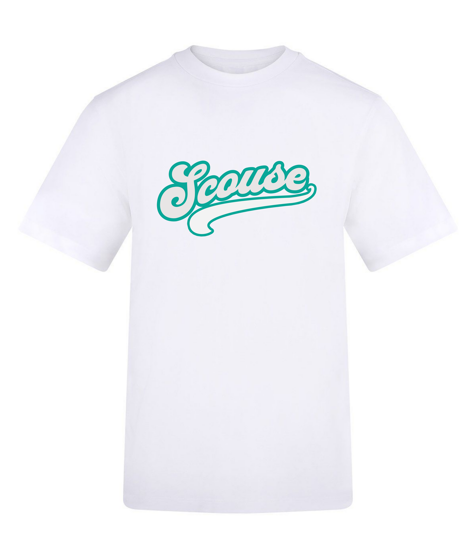White t-shirt with 'Scouse' text in teal on a white background