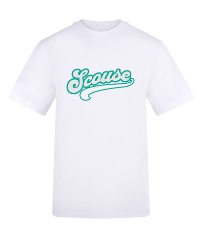 White t-shirt with 'Scouse' text in teal on a white background