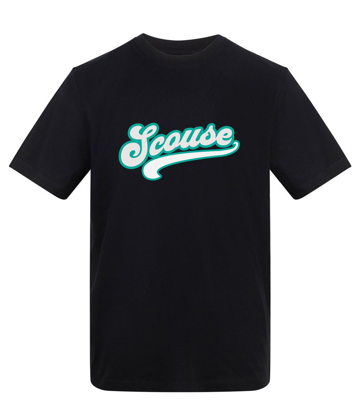 Black t-shirt with 'Scouse' printed in light blue on a white background