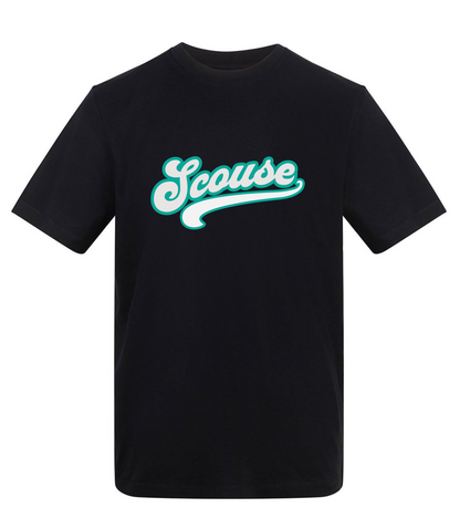 Black t-shirt with 'Scouse' printed in light blue on a white background