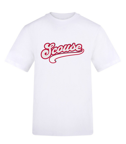 White t-shirt with red 'Scouse' text on a white background
