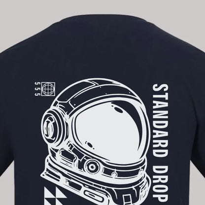 Black t-shirt with white astronaut helmet graphic and text on a gray background