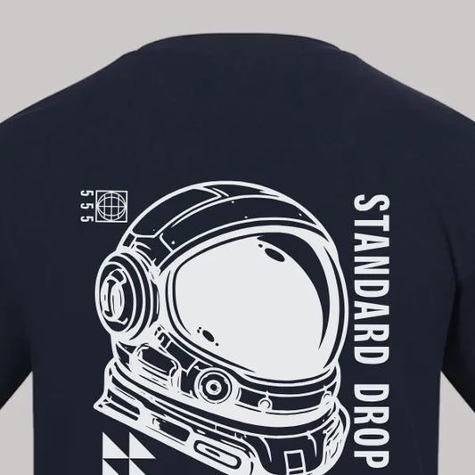 Black t-shirt with white astronaut helmet graphic and text on a gray background