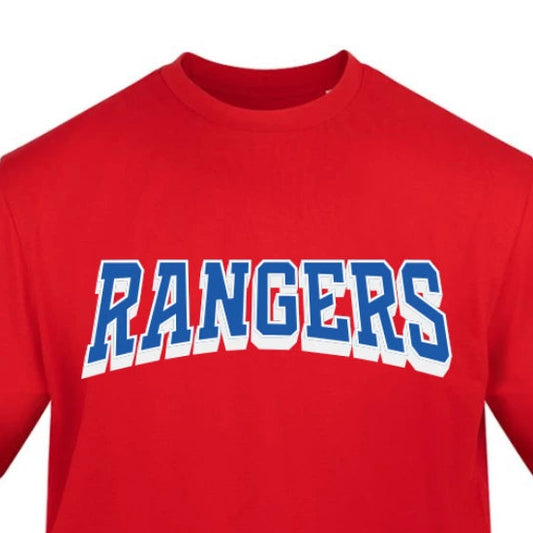 Red t-shirt with 'RANGERS' text in blue and white on a white background