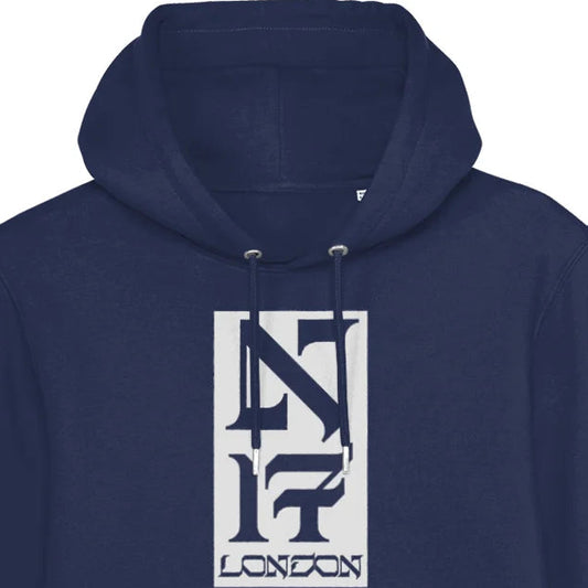 Navy blue hoodie with a white logo on a white background
