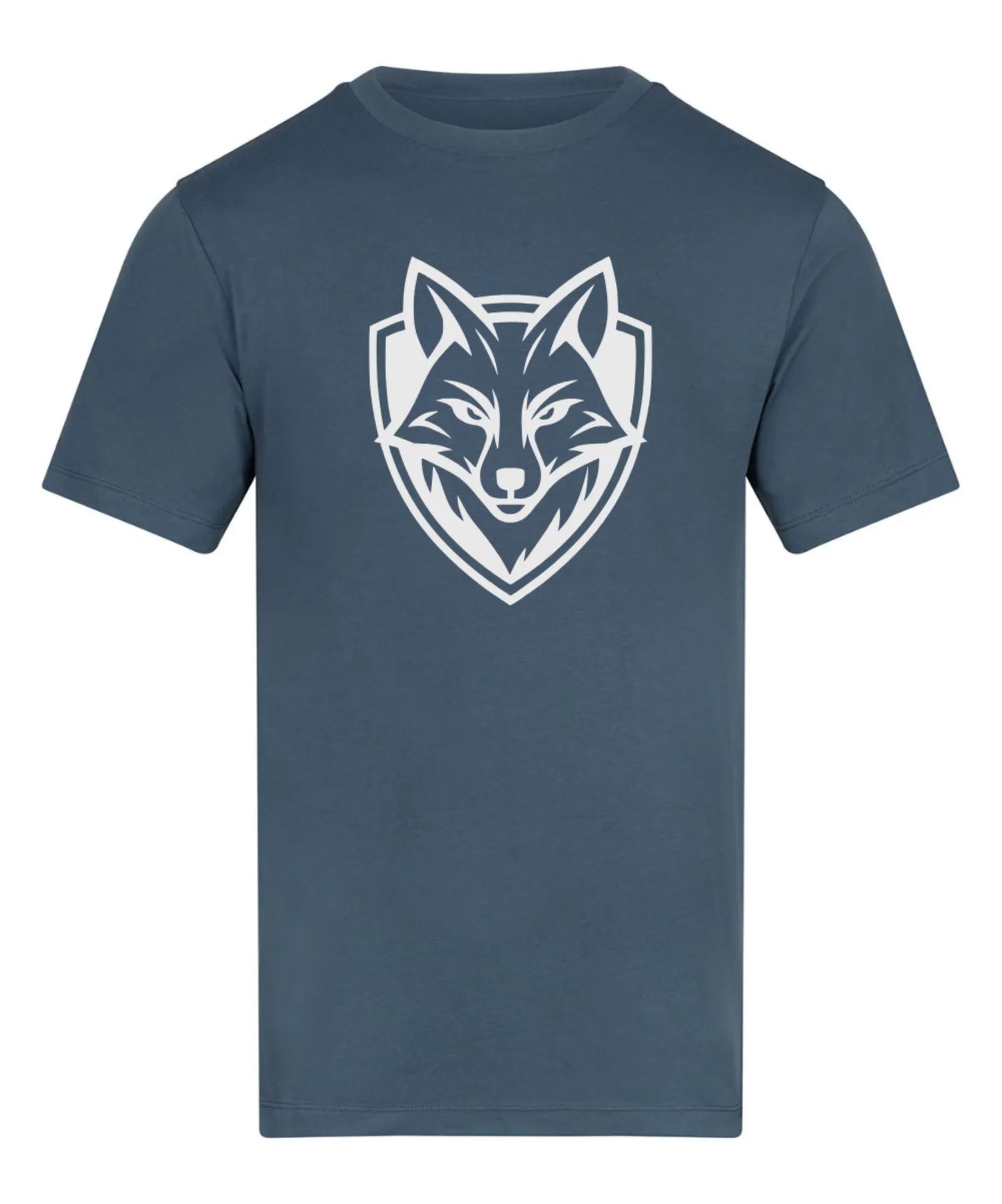Navy blue t-shirt with a white wolf logo on a white background