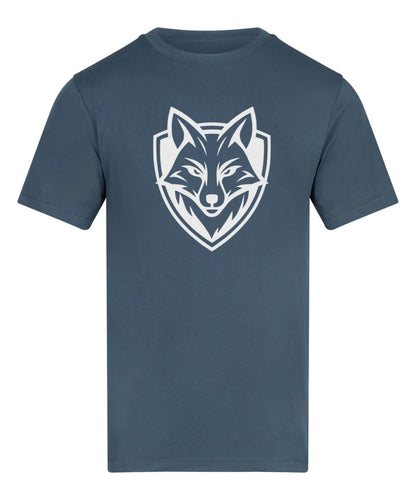 Navy blue t-shirt with a white wolf logo on a white background