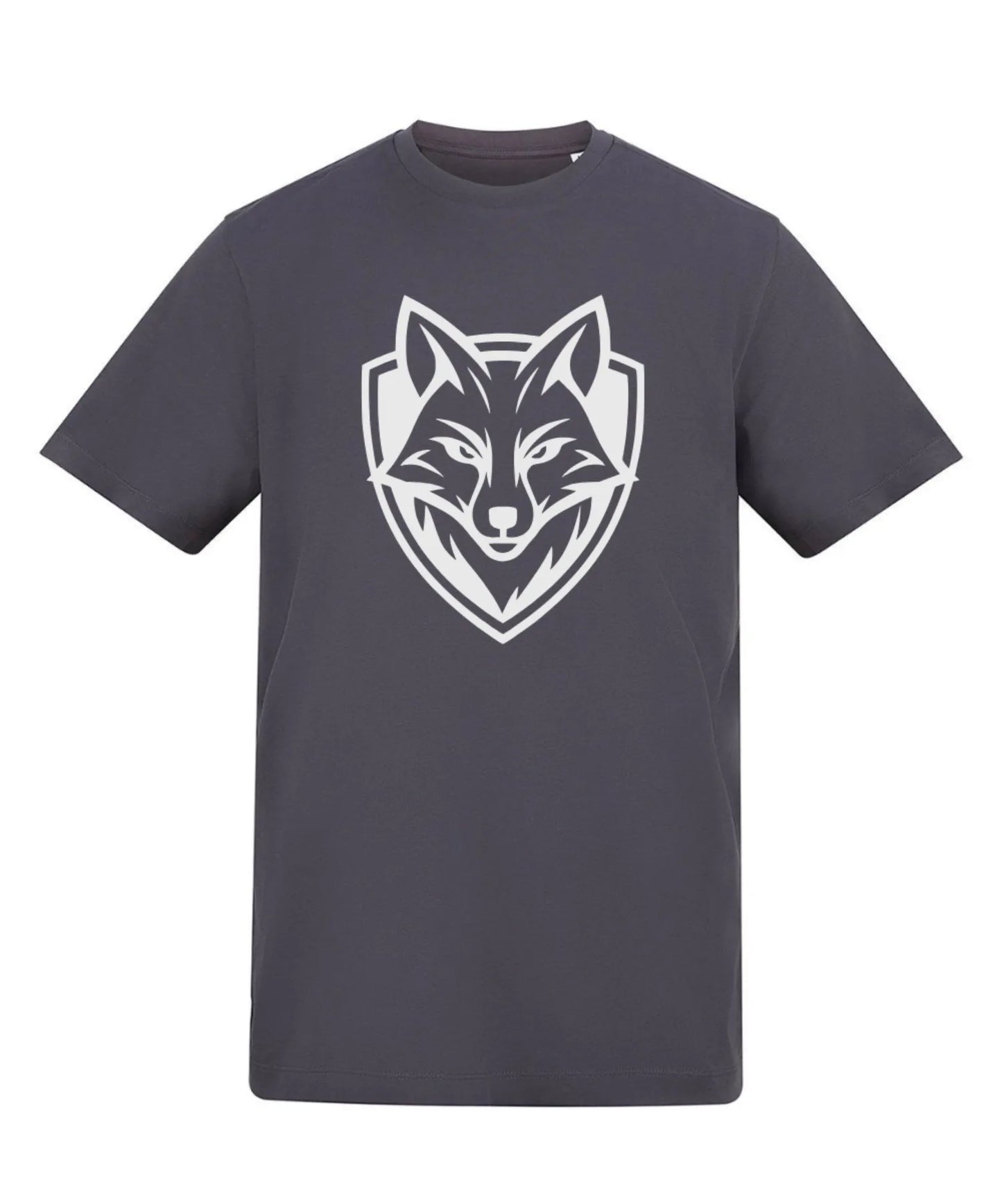 Gray t-shirt with a white wolf logo on a white background