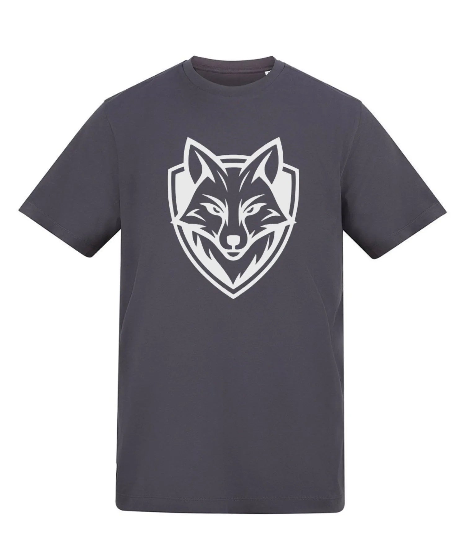 Gray t-shirt with a white wolf logo on a white background