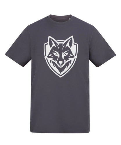 Gray t-shirt with a white wolf logo on a white background