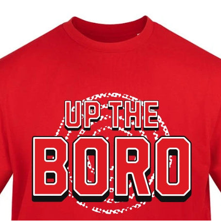 Red t-shirt with 'Up The Boro' text on a white background