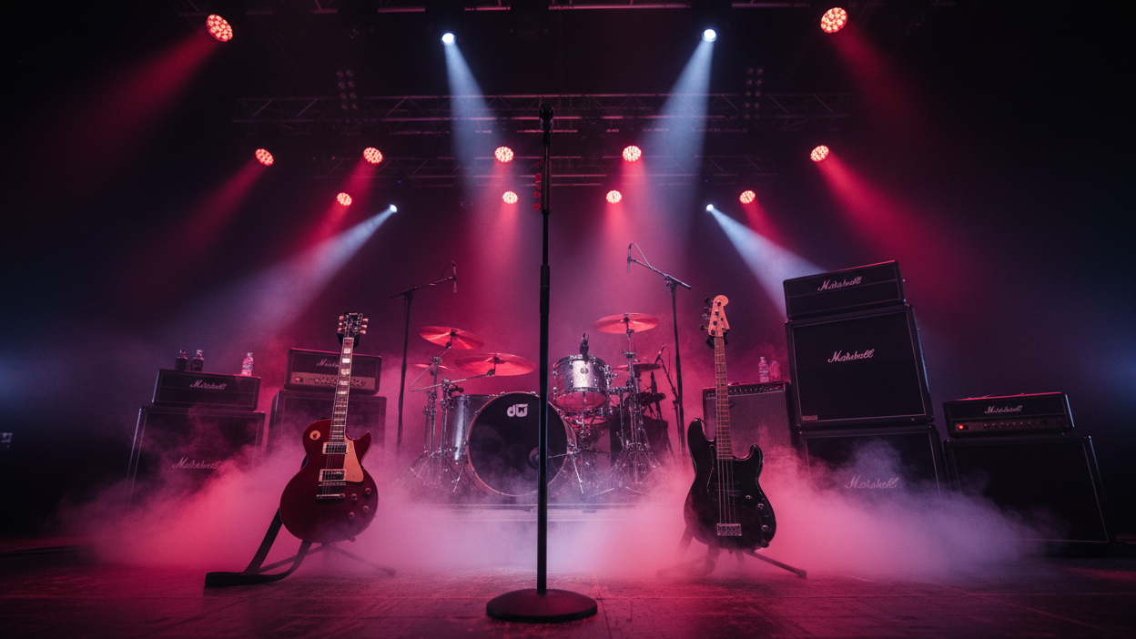 musical instruments and stage for rock music theme clothing collection no text